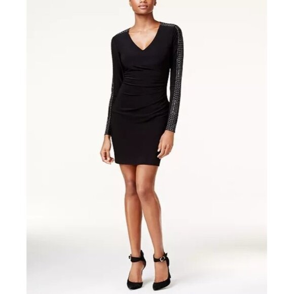 118$ GUESS Studded Ruched Sheath Mini Party Dress Long Sleeves Size 4 Black - Picture 1 of 1